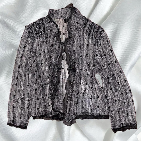 Whimsigoth grunge fairy crochet sequin pom pom chiffon trim cardigan - Picture 4 of 4